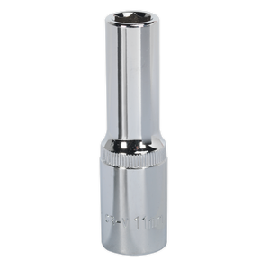 A fully polished deep socket marked with "11mm," featuring a 1/2" square drive and crafted for durability. Backed by Sealey, this WallDrive® Socket SP1211D is made from Chrome Vanadium steel and comes with a lifetime guarantee.