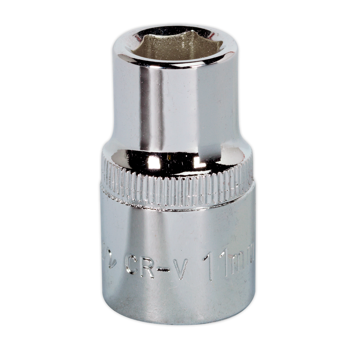 The Sealey WallDrive® Socket 11mm 1/2"Sq Drive Fully Polished - SP1211, crafted from Chrome Vanadium steel, features a shiny finish and WallDrive® socket configuration.