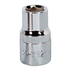 The Sealey WallDrive® Socket 12mm 1/2"Sq Drive Fully Polished - SP1212, made from durable Chrome Vanadium steel with a hexagonal opening and a reflective, metallic finish, is displayed against a white background.