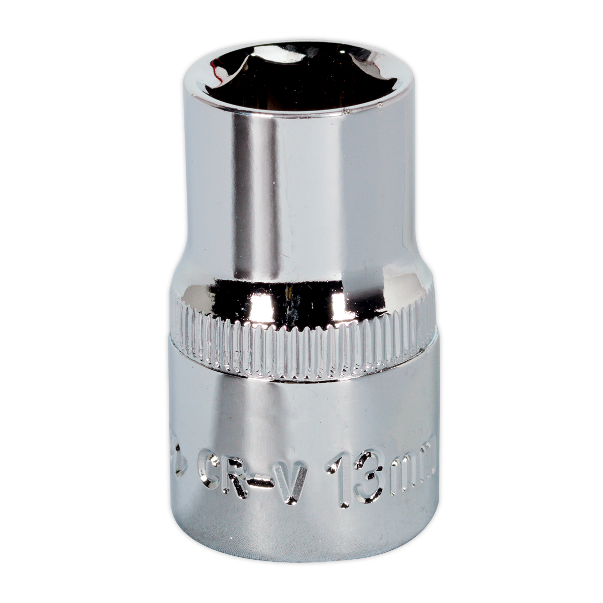 The Sealey WallDrive® Socket 13mm 1/2"Sq Drive Fully Polished - SP1213, crafted from Chrome Vanadium steel and featuring a knurled grip, is ideal for professional hand tools.