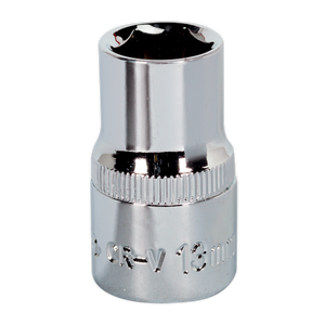 The Sealey WallDrive® Socket 13mm 1/2"Sq Drive Fully Polished - SP1213, crafted from Chrome Vanadium steel and featuring a knurled grip, is ideal for professional hand tools.