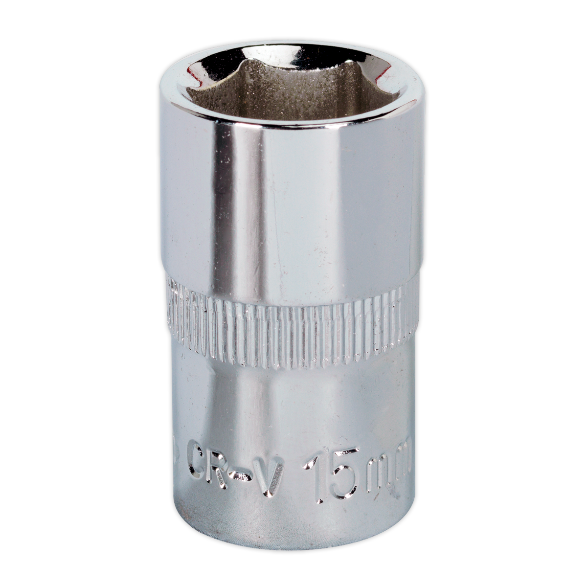 A Sealey WallDrive® Socket 15mm 1/2"Sq Drive Fully Polished - SP1215, constructed from durable Chrome Vanadium steel and featuring a knurled grip for secure handling.