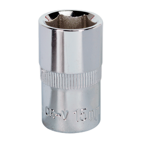 A Sealey WallDrive® Socket 15mm 1/2"Sq Drive Fully Polished - SP1215, constructed from durable Chrome Vanadium steel and featuring a knurled grip for secure handling.