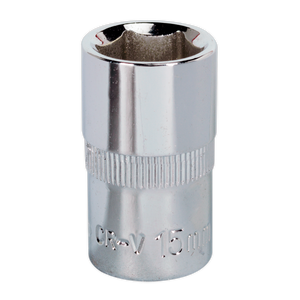 A Sealey WallDrive® Socket 15mm 1/2"Sq Drive Fully Polished - SP1215, constructed from durable Chrome Vanadium steel and featuring a knurled grip for secure handling.