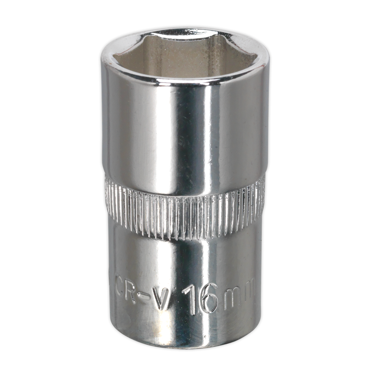 A Sealey WallDrive® Socket 16mm 1/2"Sq Drive Fully Polished - SP1216, featuring a hexagonal opening and a knurled grip section.