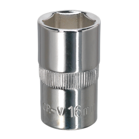 A Sealey WallDrive® Socket 16mm 1/2"Sq Drive Fully Polished - SP1216, featuring a hexagonal opening and a knurled grip section.