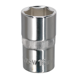 A Sealey WallDrive® Socket 16mm 1/2"Sq Drive Fully Polished - SP1216, featuring a hexagonal opening and a knurled grip section.