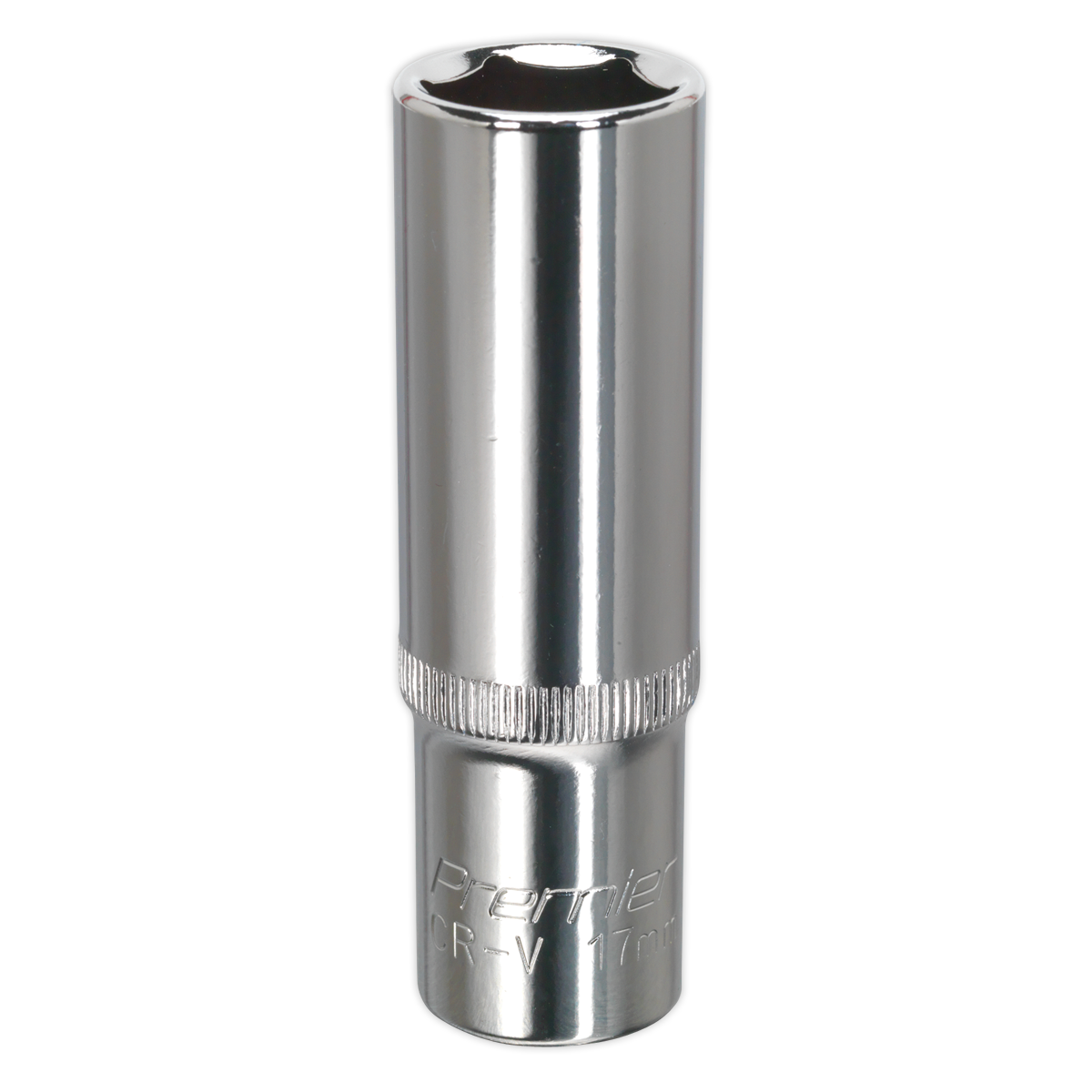 The Sealey WallDrive® Socket 17mm Deep 1/2"Sq Drive Fully Polished - SP1217D, made from durable chrome vanadium and featuring a hexagonal opening with engraved text on the side, is an essential addition to your hand tools collection.