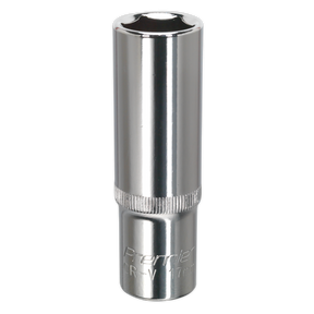 The Sealey WallDrive® Socket 17mm Deep 1/2"Sq Drive Fully Polished - SP1217D, made from durable chrome vanadium and featuring a hexagonal opening with engraved text on the side, is an essential addition to your hand tools collection.