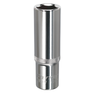 The Sealey WallDrive® Socket 17mm Deep 1/2"Sq Drive Fully Polished - SP1217D, made from durable chrome vanadium and featuring a hexagonal opening with engraved text on the side, is an essential addition to your hand tools collection.