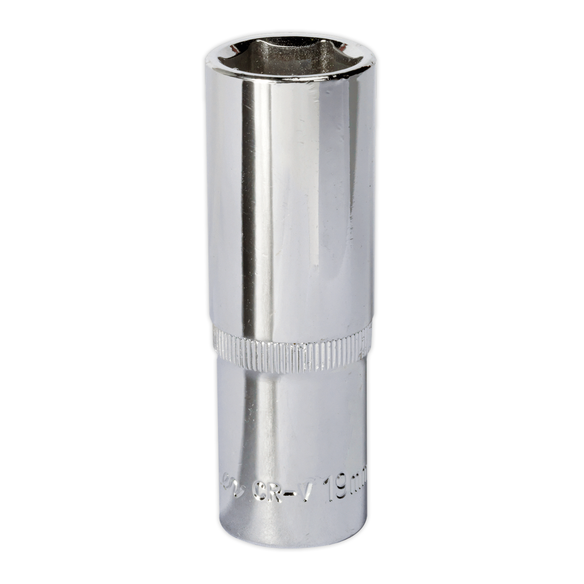 The WallDrive® Socket 19mm Deep 1/2"Sq Drive Fully Polished - SP1219D from Sealey features a chrome-finished Chrome Vanadium steel build with a knurled middle section and engraved size text. As part of the Premier Hand Tools collection, it comes with a lifetime guarantee.