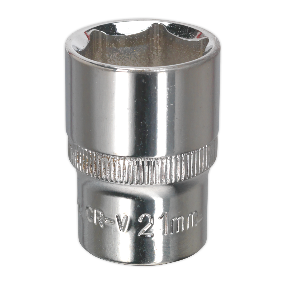 The Sealey WallDrive® Socket 21mm 1/2"Sq Drive Fully Polished (SP1221) is crafted from Chrome Vanadium steel with a polished finish, featuring the WallDrive® configuration for efficiently tightening or loosening bolts and nuts.