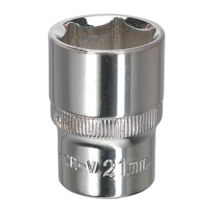 The Sealey WallDrive® Socket 21mm 1/2"Sq Drive Fully Polished (SP1221) is crafted from Chrome Vanadium steel with a polished finish, featuring the WallDrive® configuration for efficiently tightening or loosening bolts and nuts.