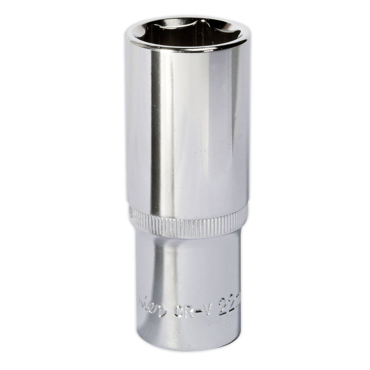 Introducing the Sealey WallDrive® Socket 22mm Deep 1/2"Sq Drive (SP1222D), a fully polished and durable Chrome Vanadium tool with finely engraved text at the base, perfect for any hand tools collection.