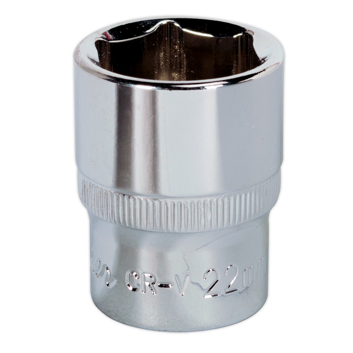 The Sealey WallDrive® Socket 22mm 1/2"Sq Drive Fully Polished - SP1222 is a shiny chrome-plated socket designed for use with a ratchet or wrench. It features a six-point shape and engraved markings, and is crafted from durable Chrome Vanadium steel. Ideal for Premier Hand Tools collections.