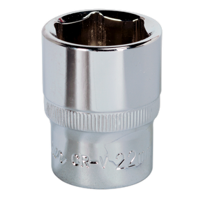 The Sealey WallDrive® Socket 22mm 1/2"Sq Drive Fully Polished - SP1222 is a shiny chrome-plated socket designed for use with a ratchet or wrench. It features a six-point shape and engraved markings, and is crafted from durable Chrome Vanadium steel. Ideal for Premier Hand Tools collections.