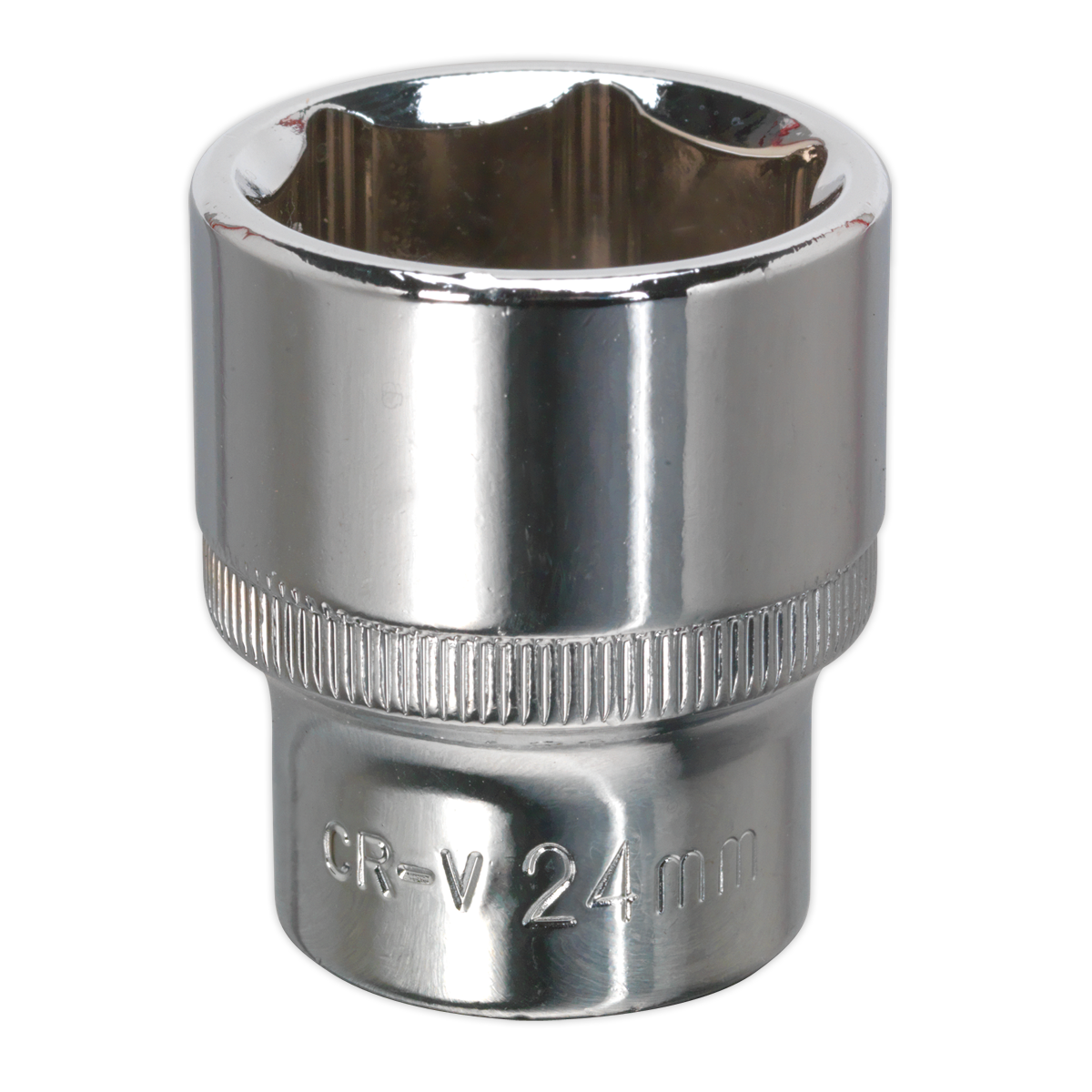 The WallDrive® Socket 24mm 1/2"Sq Drive Fully Polished (SP1224) from Sealey is a silver Chrome Vanadium steel socket, designed for mechanical and automotive applications when used with a wrench. It features a fully polished finish and comes with a lifetime guarantee.