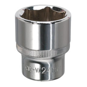 The WallDrive® Socket 24mm 1/2"Sq Drive Fully Polished (SP1224) from Sealey is a silver Chrome Vanadium steel socket, designed for mechanical and automotive applications when used with a wrench. It features a fully polished finish and comes with a lifetime guarantee.