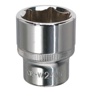 The WallDrive® Socket 24mm 1/2"Sq Drive Fully Polished (SP1224) from Sealey is a silver Chrome Vanadium steel socket, designed for mechanical and automotive applications when used with a wrench. It features a fully polished finish and comes with a lifetime guarantee.