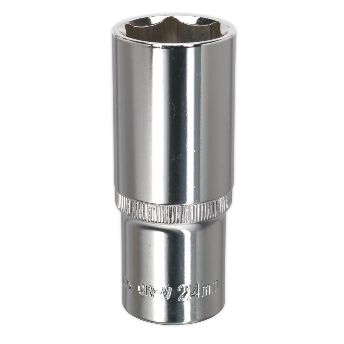 A Sealey WallDrive® Socket 24mm Deep with a 1/2" square drive, fully polished for use with a socket wrench, featuring a knurled grip for better handling and backed by a lifetime guarantee.