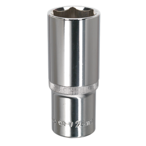 A Sealey WallDrive® Socket 24mm Deep with a 1/2" square drive, fully polished for use with a socket wrench, featuring a knurled grip for better handling and backed by a lifetime guarantee.