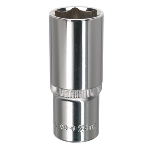 A Sealey WallDrive® Socket 24mm Deep with a 1/2" square drive, fully polished for use with a socket wrench, featuring a knurled grip for better handling and backed by a lifetime guarantee.