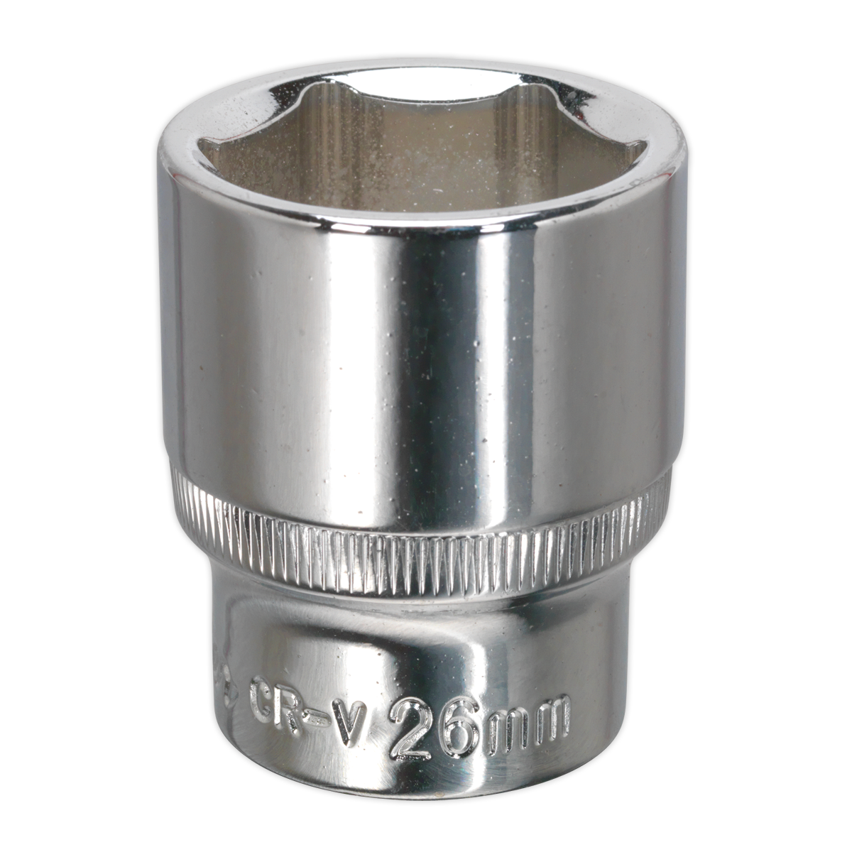 A fully polished WallDrive® Socket measuring 26mm with a 1/2" square drive, crafted from durable Chrome Vanadium steel and labeled "SP1226" by Sealey, comes with a lifetime guarantee.