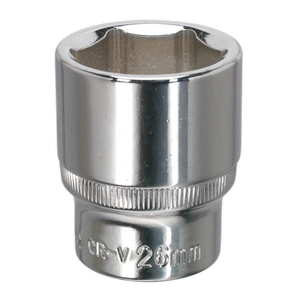 A fully polished WallDrive® Socket measuring 26mm with a 1/2" square drive, crafted from durable Chrome Vanadium steel and labeled "SP1226" by Sealey, comes with a lifetime guarantee.