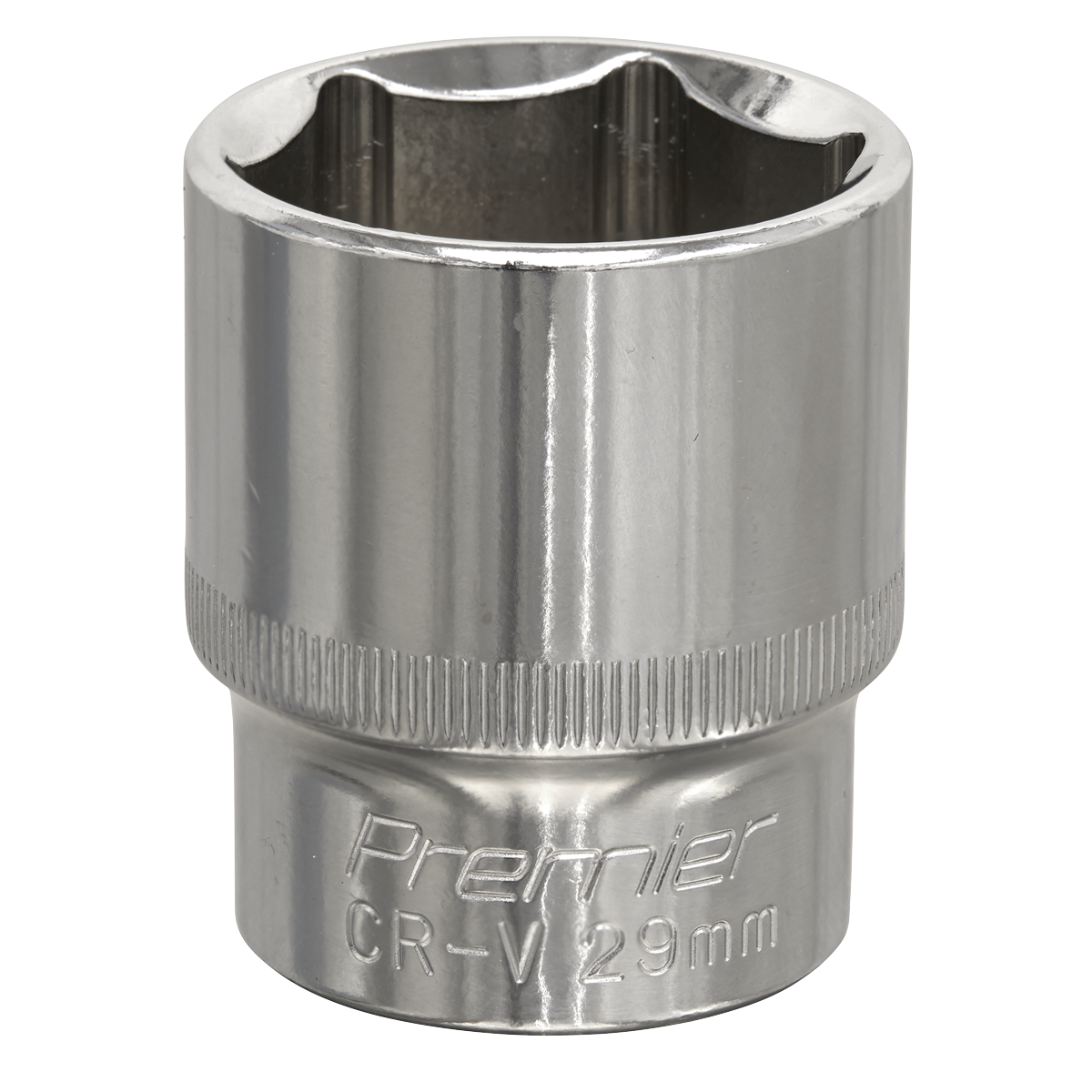 Close-up of a shiny, metallic WallDrive® Socket 29mm 1/2"Sq Drive Fully Polished - SP1229 by Sealey, made from durable Chrome Vanadium steel, used for tightening and loosening nuts and bolts.