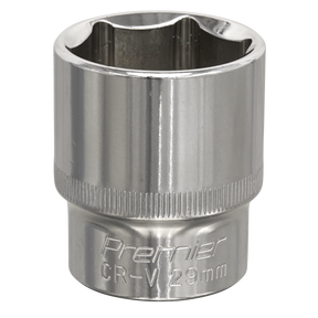 Close-up of a shiny, metallic WallDrive® Socket 29mm 1/2"Sq Drive Fully Polished - SP1229 by Sealey, made from durable Chrome Vanadium steel, used for tightening and loosening nuts and bolts.