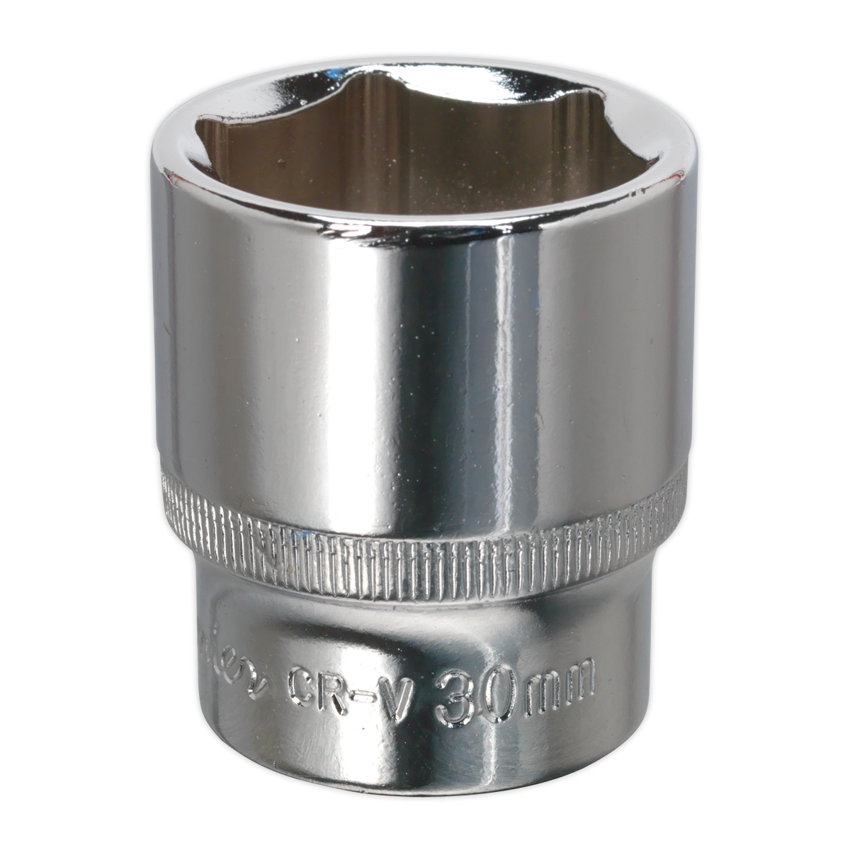 A Sealey WallDrive® SP1230 socket attachment with a 30mm diameter, featuring a six-point interior design and crafted from Chrome Vanadium steel with a fully polished chrome finish.