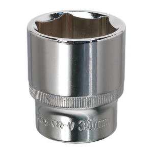 A Sealey WallDrive® SP1230 socket attachment with a 30mm diameter, featuring a six-point interior design and crafted from Chrome Vanadium steel with a fully polished chrome finish.