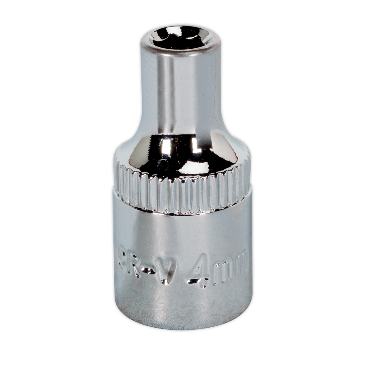 The WallDrive® Socket 4mm 1/4"Sq Drive Fully Polished, model SP1404 by Sealey, is a top-quality chrome-plated attachment made from resilient Chrome Vanadium steel. It features a knurled middle section for enhanced grip and comes with a lifetime guarantee, underscoring its durability and reliability for all your mechanical needs.