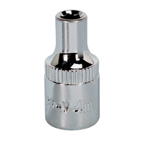 The WallDrive® Socket 4mm 1/4"Sq Drive Fully Polished, model SP1404 by Sealey, is a top-quality chrome-plated attachment made from resilient Chrome Vanadium steel. It features a knurled middle section for enhanced grip and comes with a lifetime guarantee, underscoring its durability and reliability for all your mechanical needs.