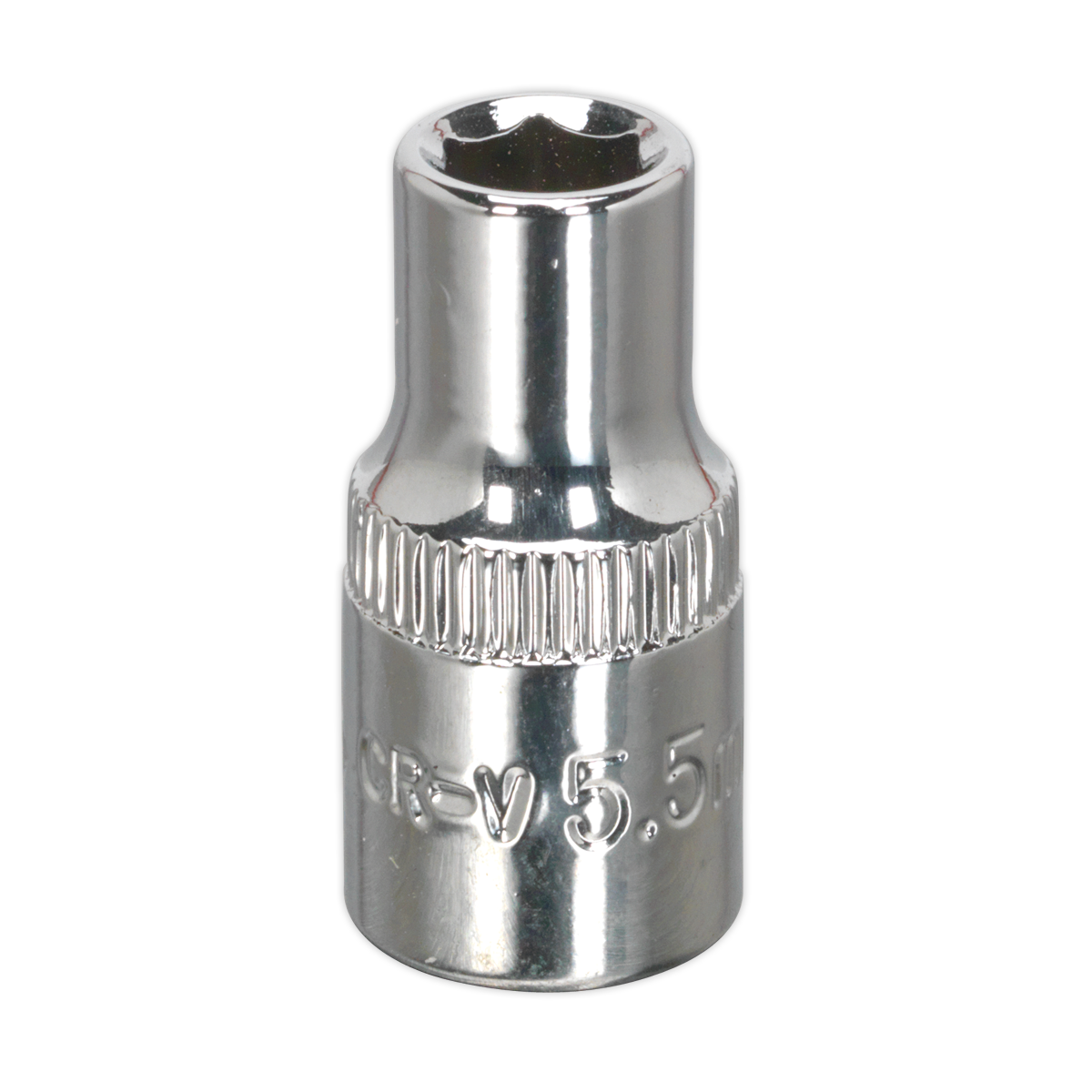 A fully polished socket wrench attachment from Sealey's WallDrive® series, made from durable Chrome Vanadium Steel and engraved with the text "5.5mm 1/4"Sq Drive" - Model SP14055.