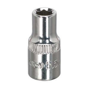 A fully polished socket wrench attachment from Sealey's WallDrive® series, made from durable Chrome Vanadium Steel and engraved with the text "5.5mm 1/4"Sq Drive" - Model SP14055.