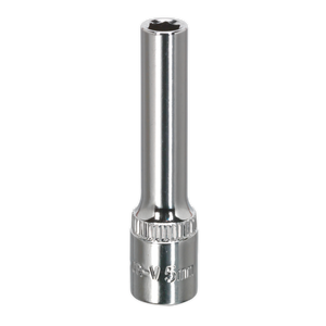 Description: The Sealey WallDrive® Socket 5mm Deep 1/4"Sq Drive Fully Polished - SP1405D, crafted from chrome-vanadium steel, features a square drive end and the WallDrive® socket configuration.