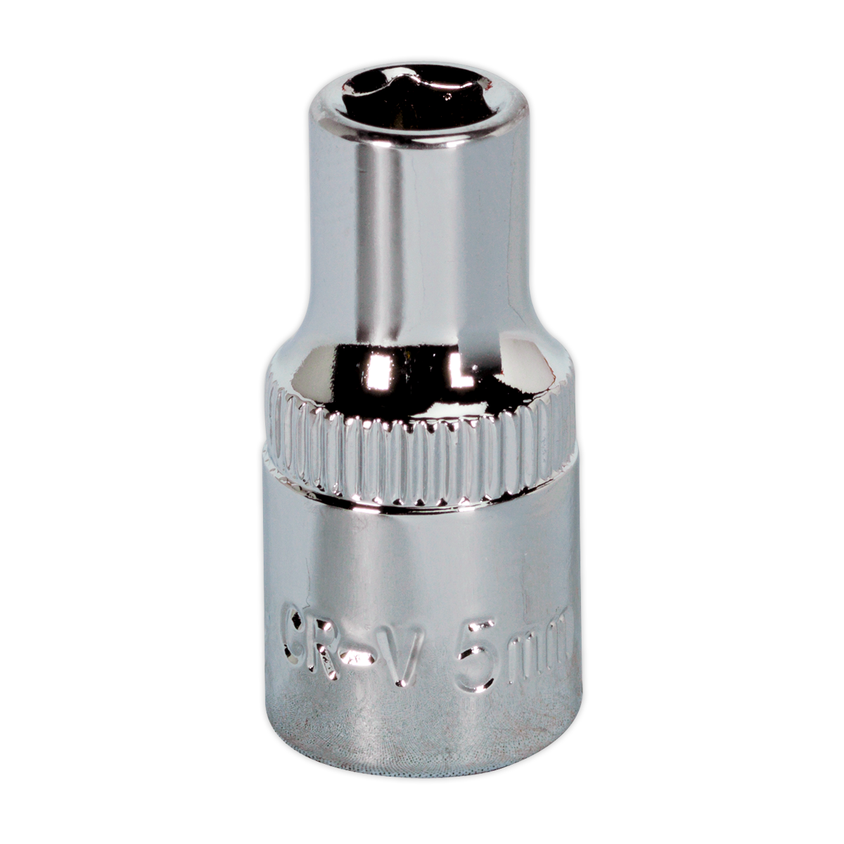 The Sealey WallDrive® Socket 5mm 1/4"Sq Drive Fully Polished (SP1405) showcases a shiny, metallic surface with a knurled grip in the middle, featuring the distinctive WallDrive® socket configuration.