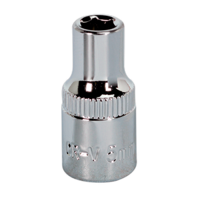 The Sealey WallDrive® Socket 5mm 1/4"Sq Drive Fully Polished (SP1405) showcases a shiny, metallic surface with a knurled grip in the middle, featuring the distinctive WallDrive® socket configuration.