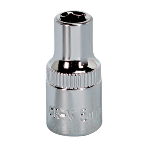 The Sealey WallDrive® Socket 5mm 1/4"Sq Drive Fully Polished (SP1405) showcases a shiny, metallic surface with a knurled grip in the middle, featuring the distinctive WallDrive® socket configuration.