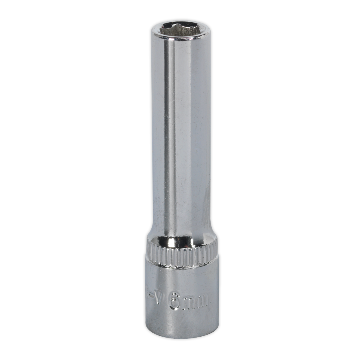 The WallDrive® Socket 6mm Deep 1/4"Sq Drive Fully Polished - SP1406D, a metallic socket wrench attachment from Sealey's Premier Hand Tools range, is expertly crafted from durable Chrome Vanadium steel for tightening or loosening bolts and nuts. It comes with a lifetime guarantee.