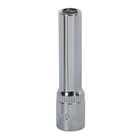 The WallDrive® Socket 6mm Deep 1/4"Sq Drive Fully Polished - SP1406D, a metallic socket wrench attachment from Sealey's Premier Hand Tools range, is expertly crafted from durable Chrome Vanadium steel for tightening or loosening bolts and nuts. It comes with a lifetime guarantee.