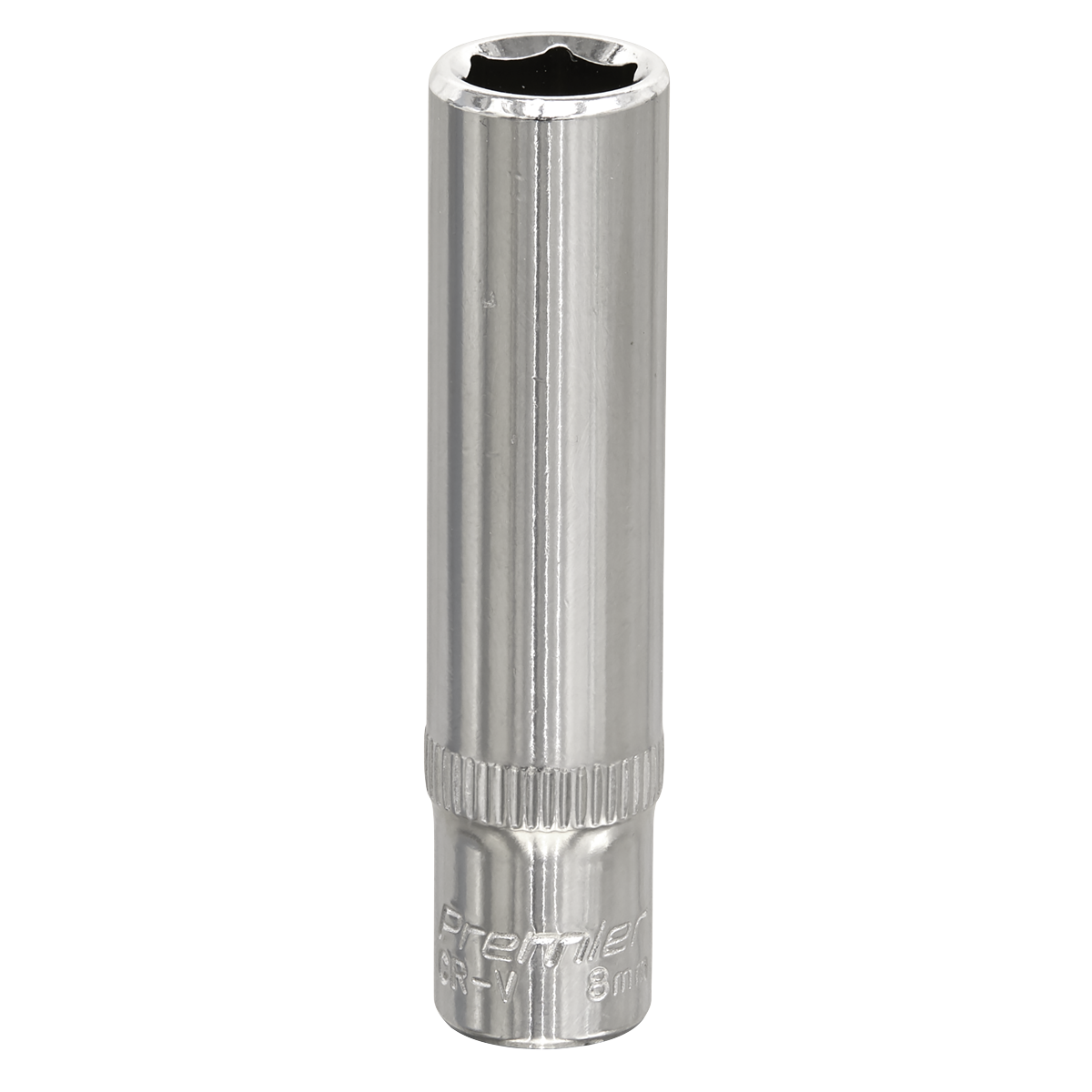 A fully polished WallDrive® socket with a ribbed grip section, marked "Sealey Premier CR-V 8mm" on the lower part and crafted from durable Chrome Vanadium steel by Sealey.