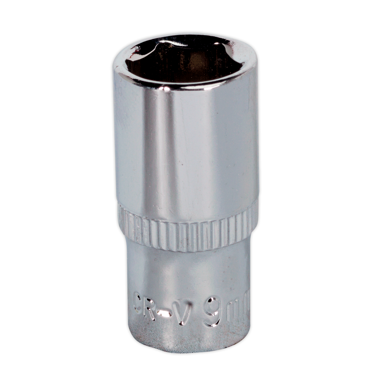 A Sealey WallDrive® SP1409 9mm socket with a six-point opening, ridged grip section, and fully polished finish, crafted from durable Chrome Vanadium steel.