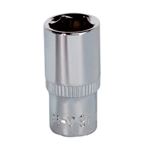 A Sealey WallDrive® SP1409 9mm socket with a six-point opening, ridged grip section, and fully polished finish, crafted from durable Chrome Vanadium steel.