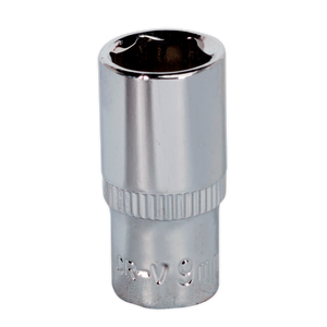 A Sealey WallDrive® SP1409 9mm socket with a six-point opening, ridged grip section, and fully polished finish, crafted from durable Chrome Vanadium steel.