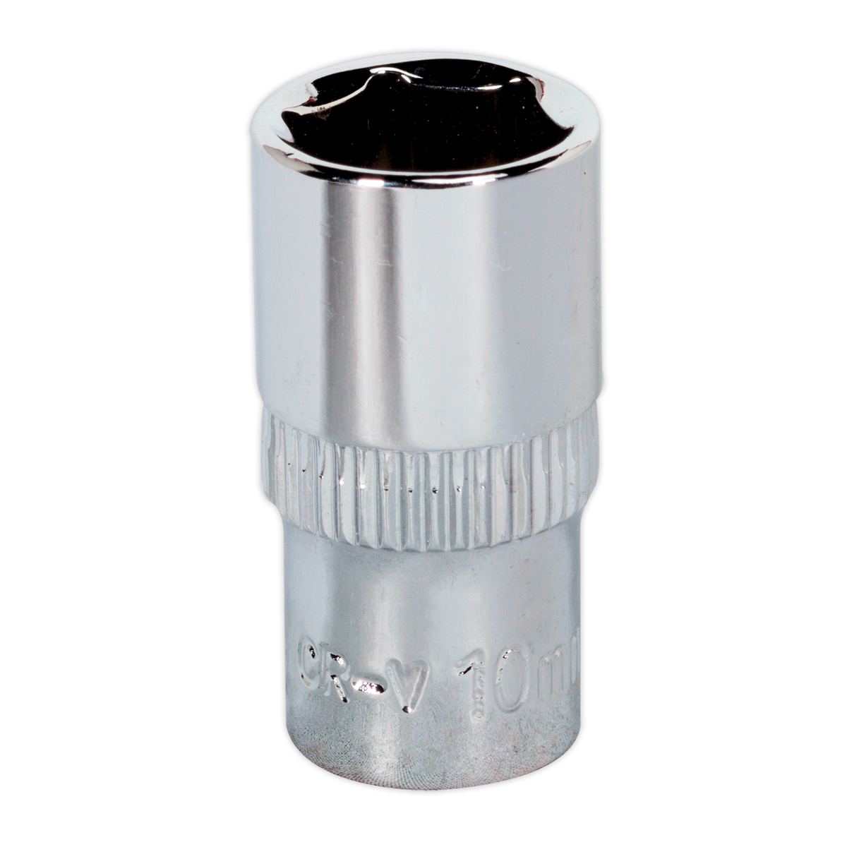 The WallDrive® Socket 10mm 1/4" Sq Drive Fully Polished - SP1410 from Sealey is a metallic socket with a ribbed grip and a hexagonal opening at the top, crafted from durable Chrome Vanadium, typically used for turning bolts and nuts.