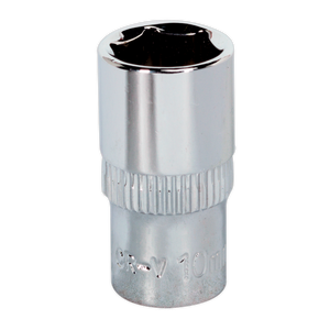 The WallDrive® Socket 10mm 1/4" Sq Drive Fully Polished - SP1410 from Sealey is a metallic socket with a ribbed grip and a hexagonal opening at the top, crafted from durable Chrome Vanadium, typically used for turning bolts and nuts.