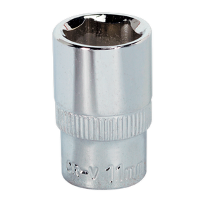 The Sealey WallDrive® Socket 11mm 1/4"Sq Drive Fully Polished - SP1411 features a knurled middle section and a WallDrive® socket configuration for superior grip.