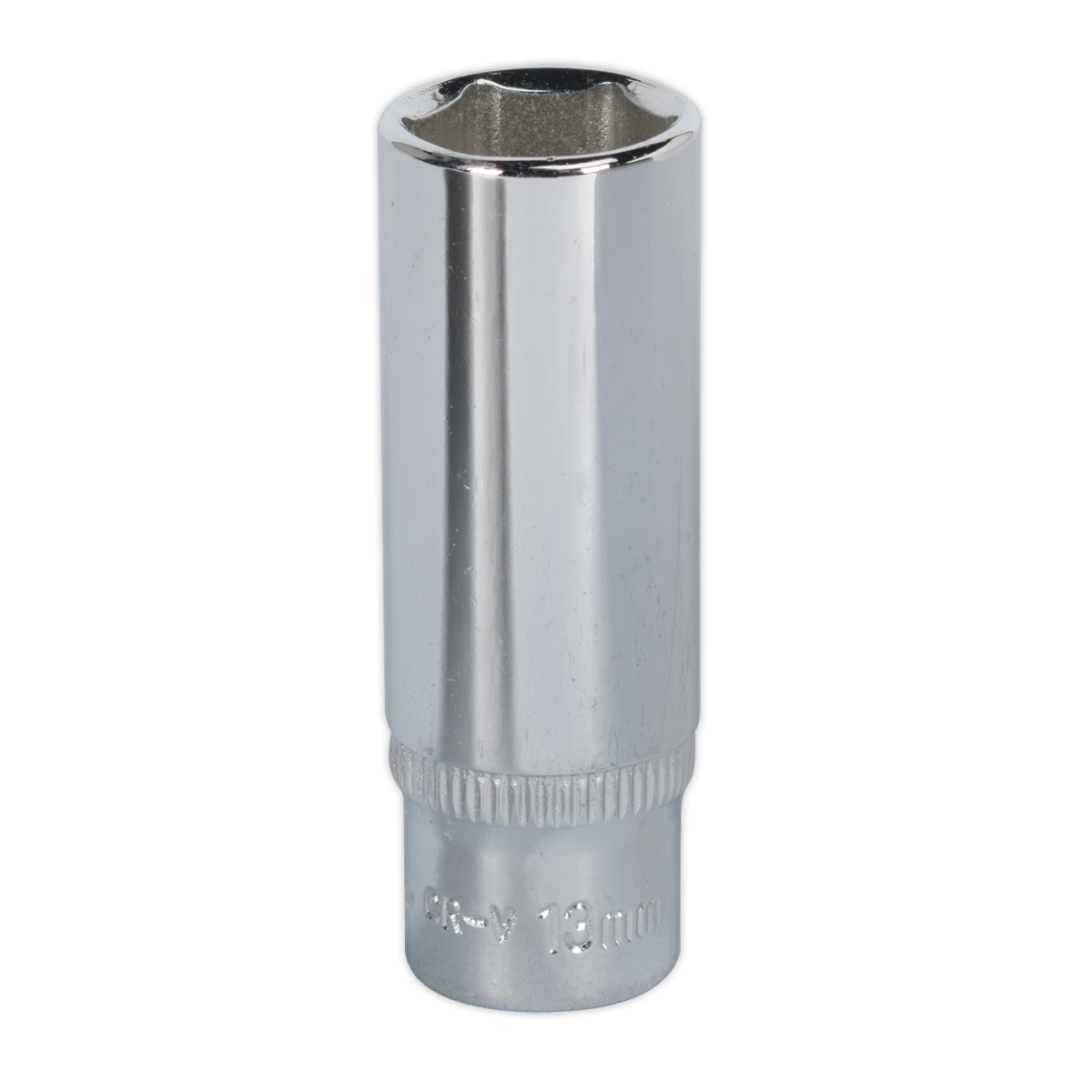 The Sealey WallDrive® Socket 13mm Deep 1/4"Sq Drive Fully Polished - SP1413D is crafted from cold-forged Chrome Vanadium steel, featuring a chrome finish and an upright standing design. This Premier Hand Tool also comes with a lifetime guarantee.